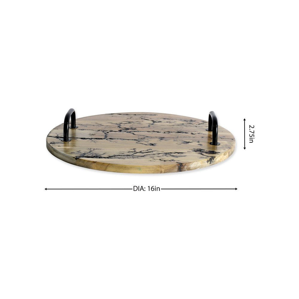 16" Brown And Black Solid Wood Abstract Round Serving Tray With Handles