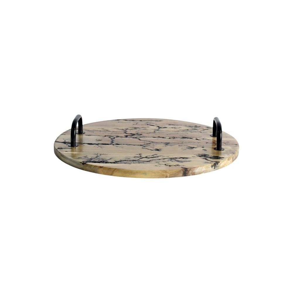 16" Brown And Black Solid Wood Abstract Round Serving Tray With Handles