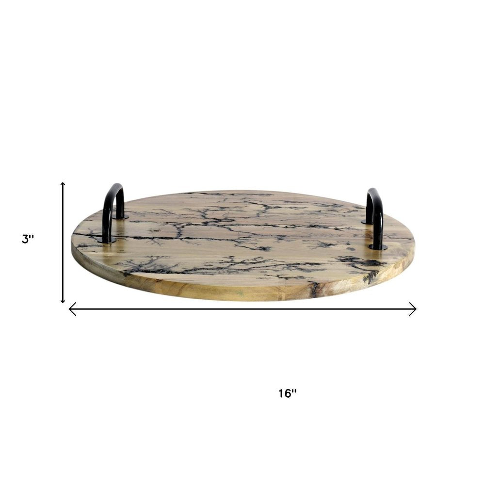 16" Brown And Black Solid Wood Abstract Round Serving Tray With Handles