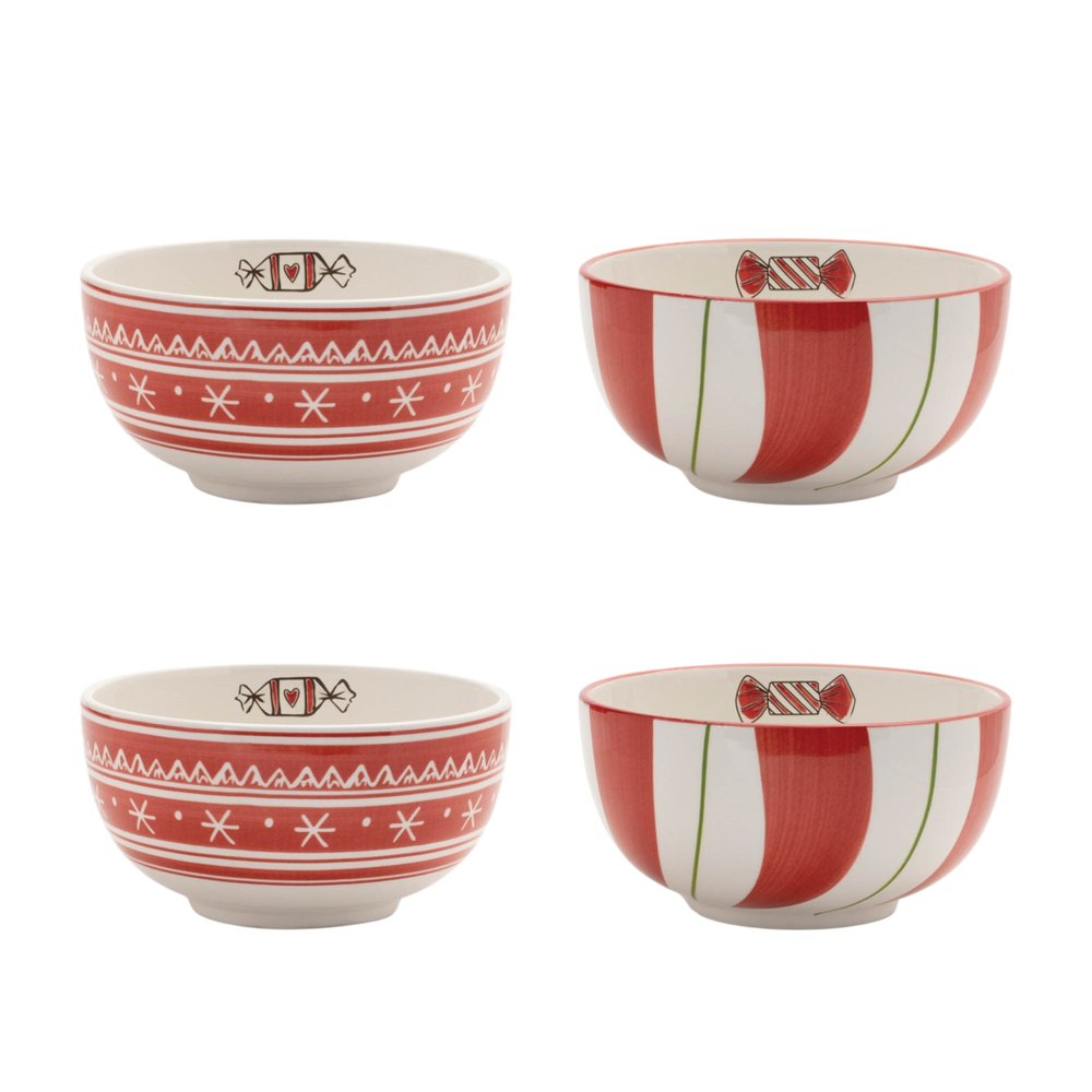Set of Four 6" Red And White Ceramic Christmas Round Candy or Nut Bowls