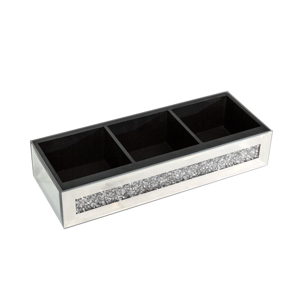 Set Of Two Silver Mirrored Glass Three Section Jewelry Organizers With Faux Crystals