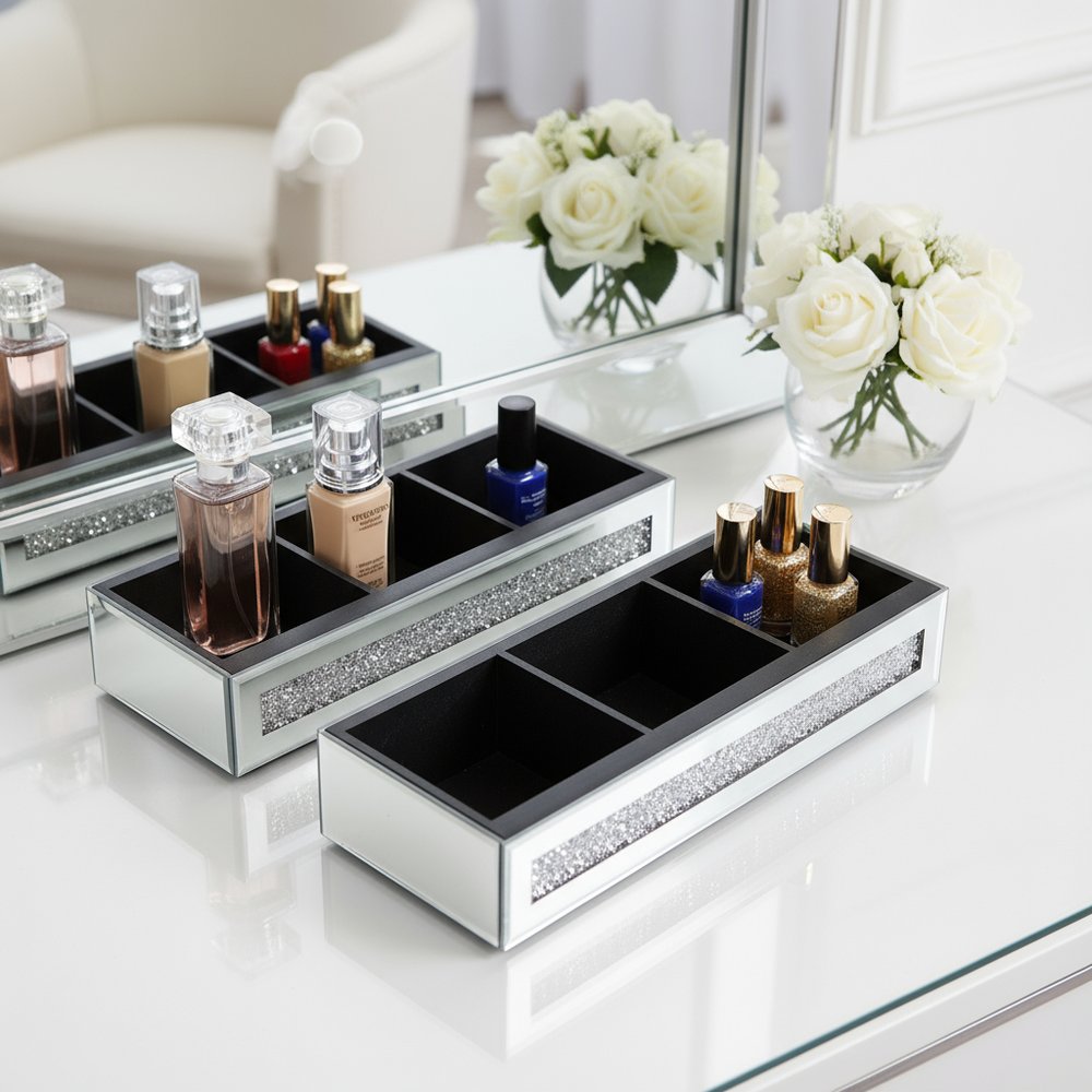 Set Of Two Silver Mirrored Glass Three Section Jewelry Organizers With Faux Crystals