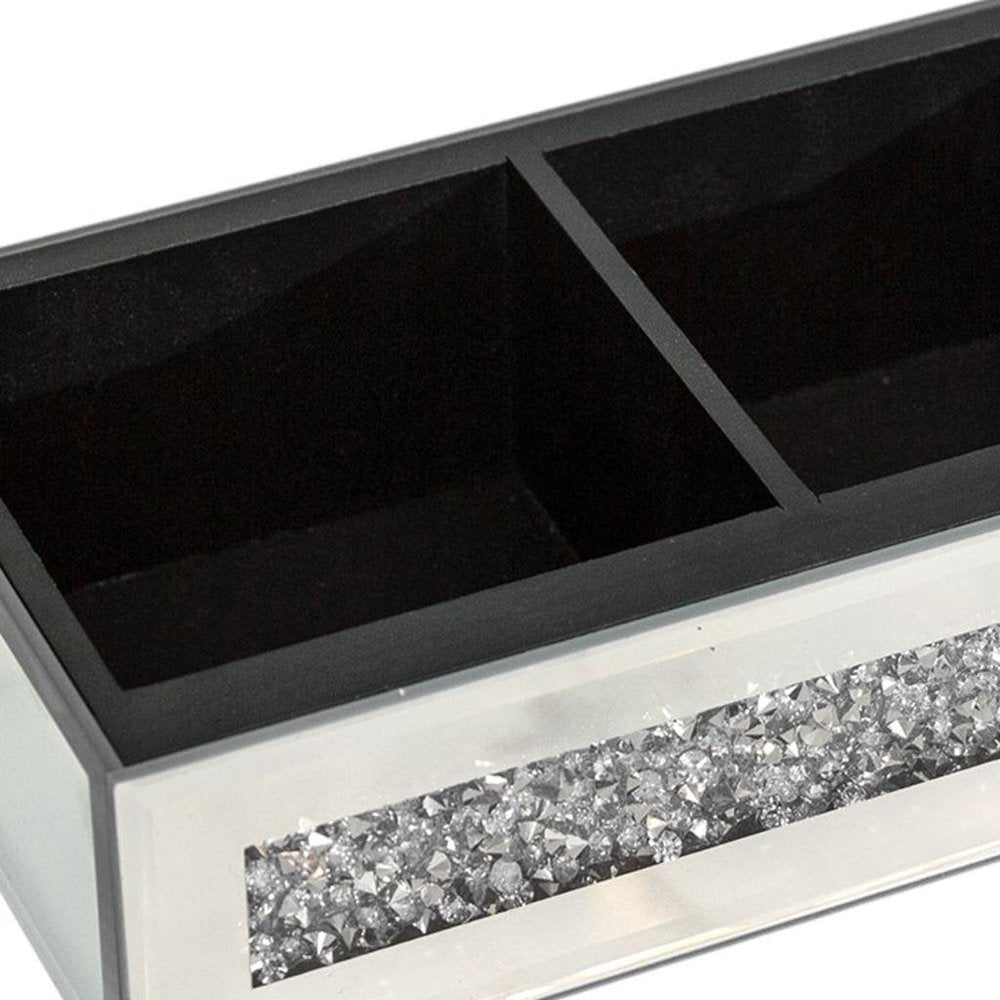 Set Of Two Silver Mirrored Glass Three Section Jewelry Organizers With Faux Crystals