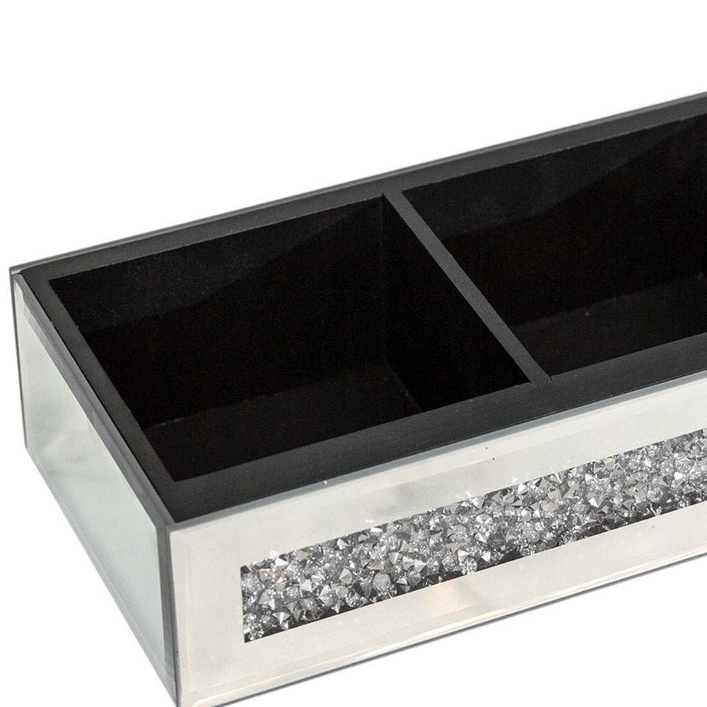 Set Of Two Silver Mirrored Glass Three Section Jewelry Organizers With Faux Crystals