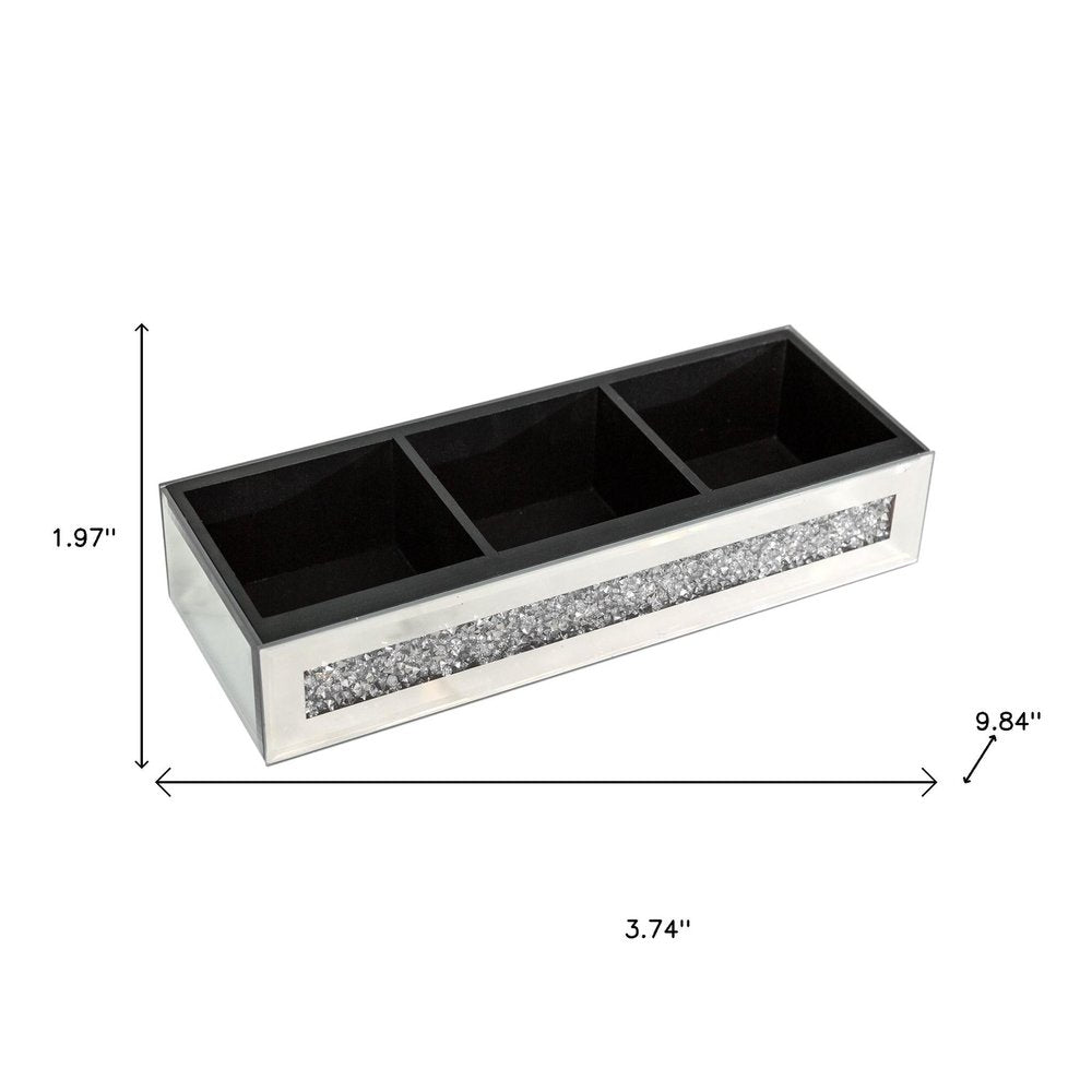 Set Of Two Silver Mirrored Glass Three Section Jewelry Organizers With Faux Crystals