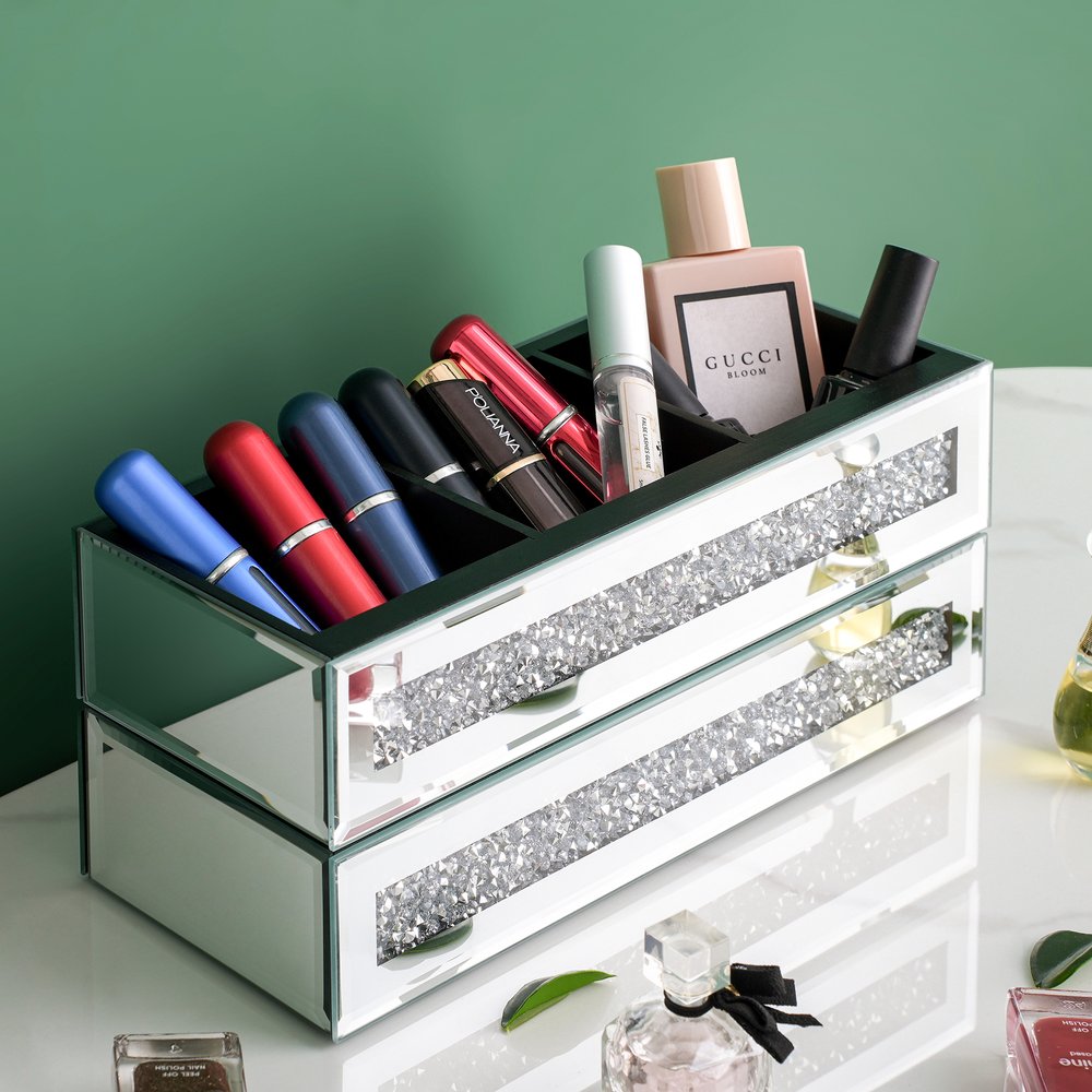 Set Of Two Silver Mirrored Glass Three Section Jewelry Organizers With Faux Crystals