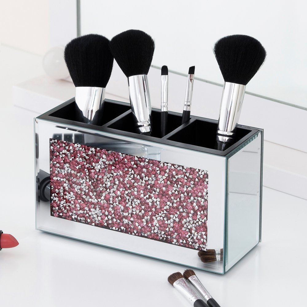 7" Pink And Silver Mirrored Glass Three Section Jewelry Organizer With Faux Crystals