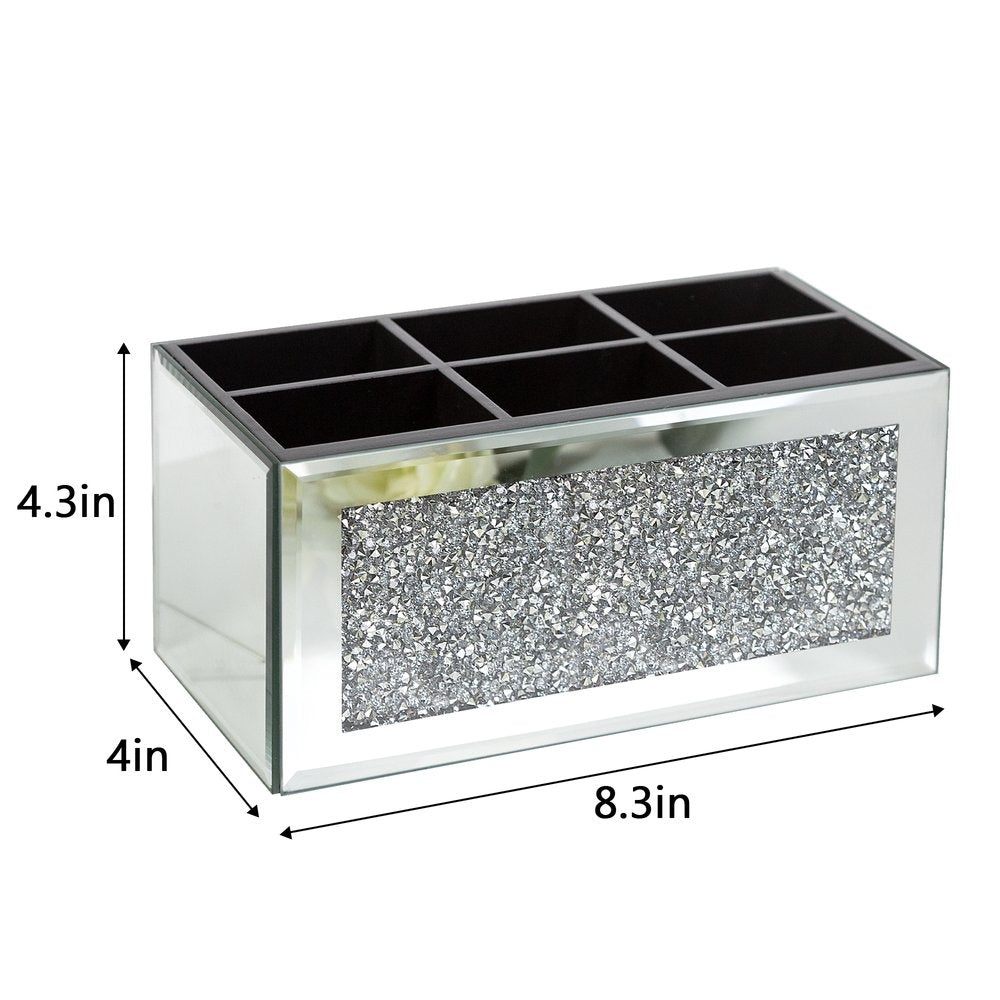 8" Silver Mirrored Glass Six Section Jewelry Organizer With Faux Crystals