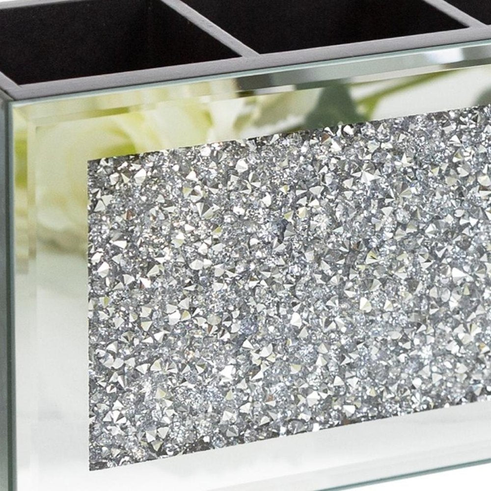 9" Silver Mirrored Glass Four Section Jewelry Organizer With Faux Crystals