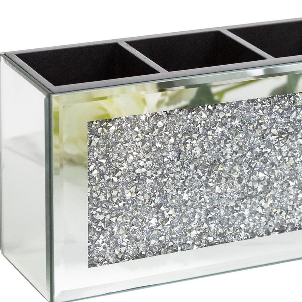 9" Silver Mirrored Glass Four Section Jewelry Organizer With Faux Crystals