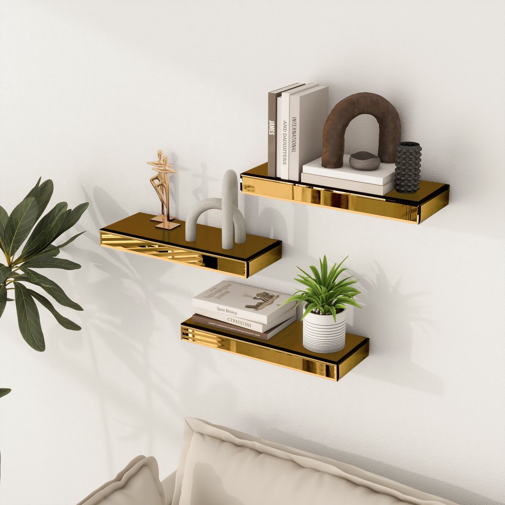 Set Of Three Gold Glass Wall Mounted Floating Shelves