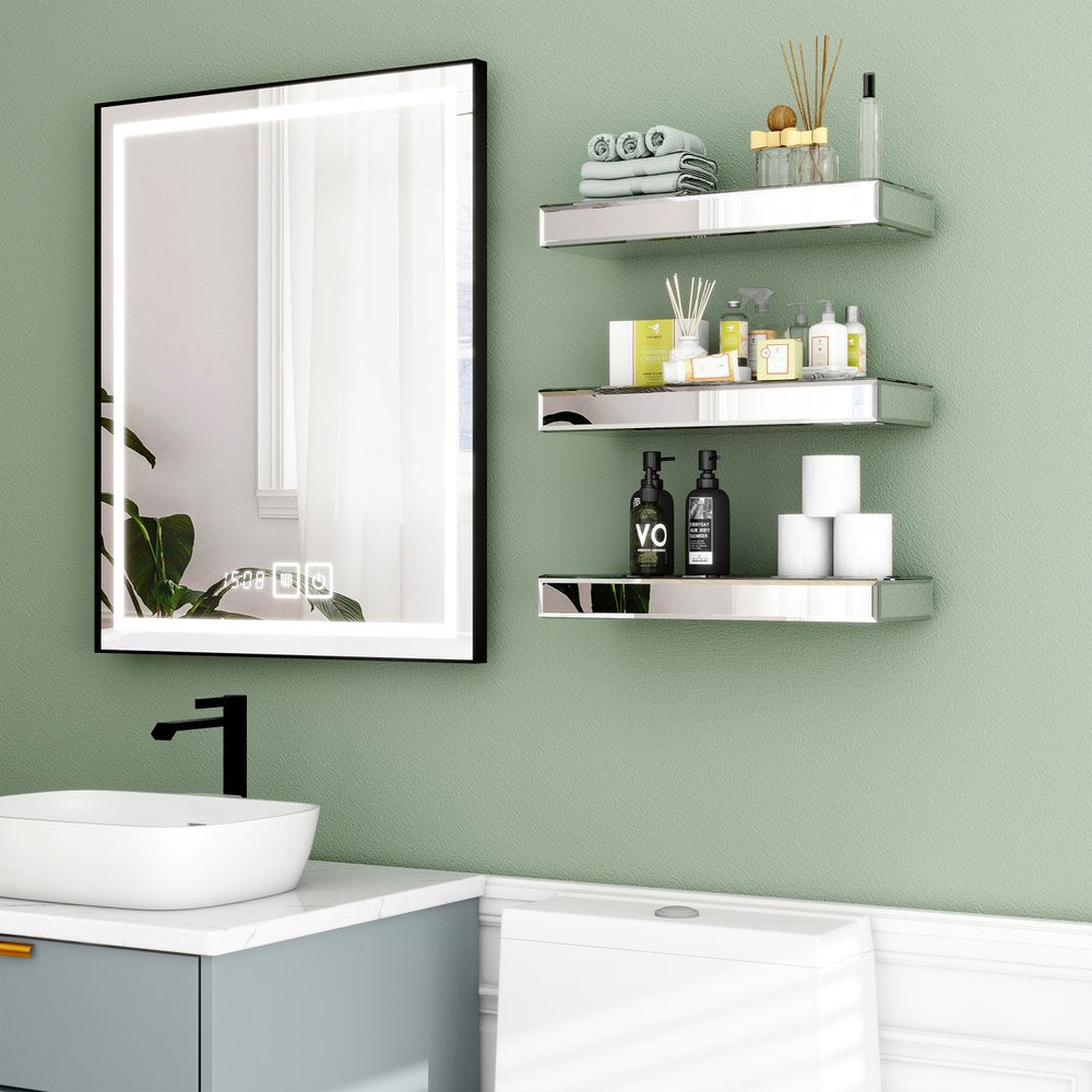 Set Of Three Silver Glass Wall Mounted Floating Shelf