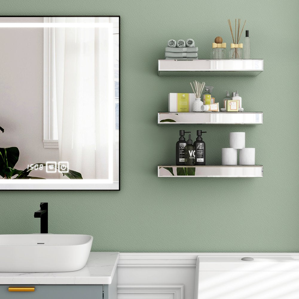 Set Of Three Silver Glass Wall Mounted Floating Shelf