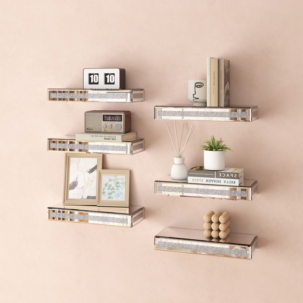 Set Of Six Silver Glass Wall Mounted Floating Shelf With Faux Crystals