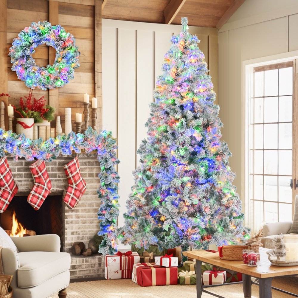 Three Piece Pre Lit Extra Full Frosted Pine Christmas Tree With Garland And Wreath Set