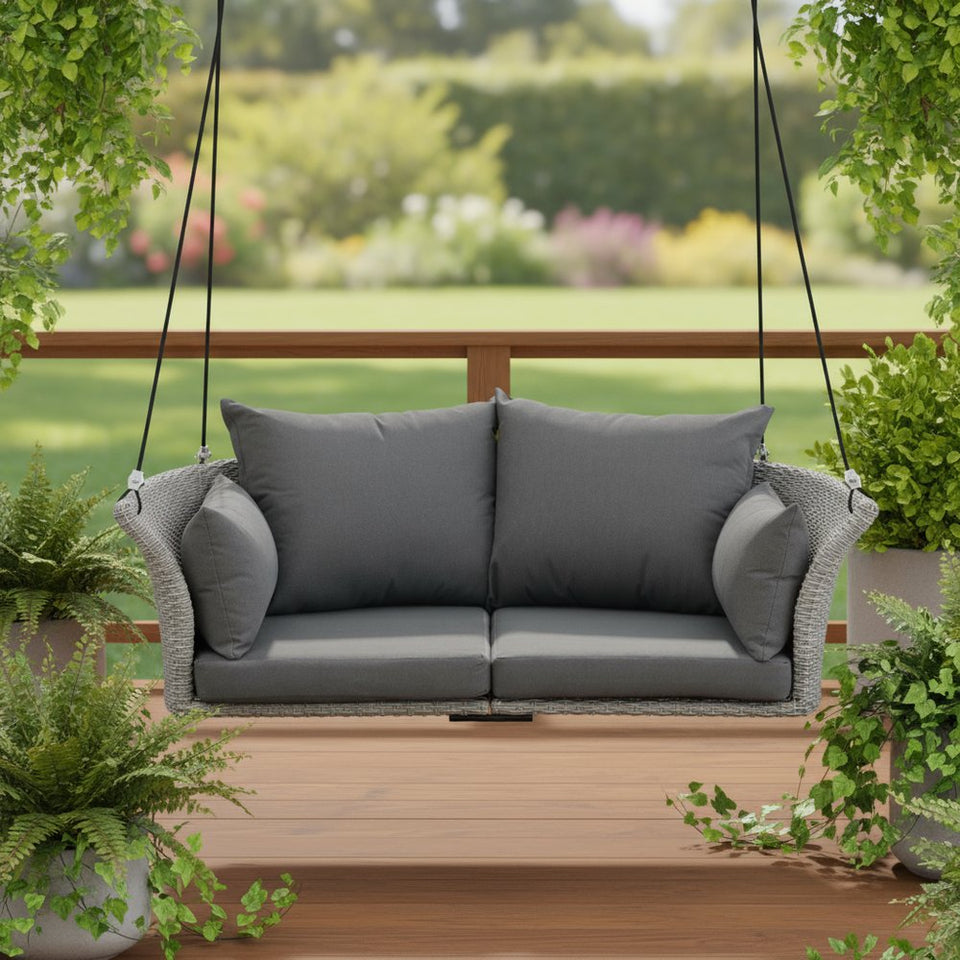 40" Gray Woven Rattan Outdoor Swing Chair with Gray Cushion