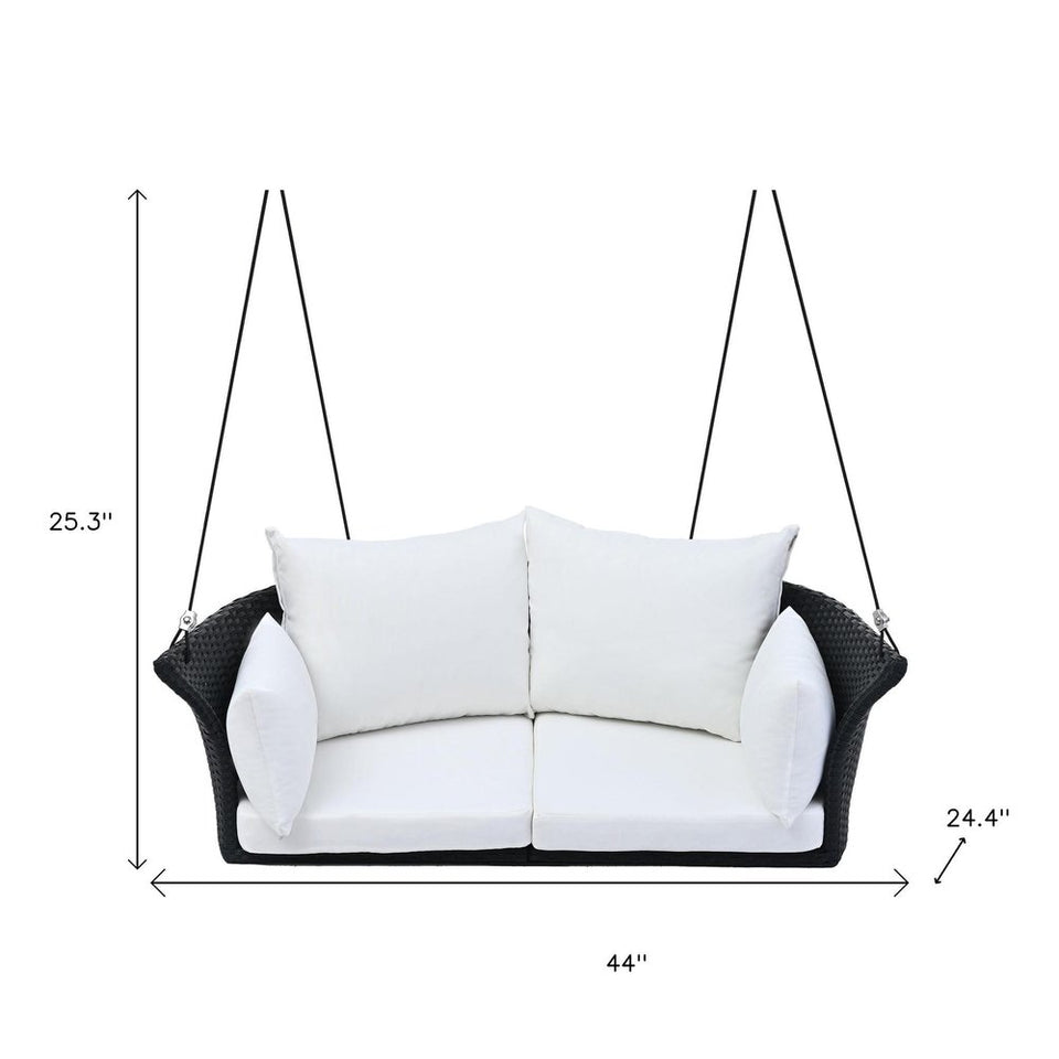 40" Black Woven Rattan Outdoor Swing Chair with White Cushion