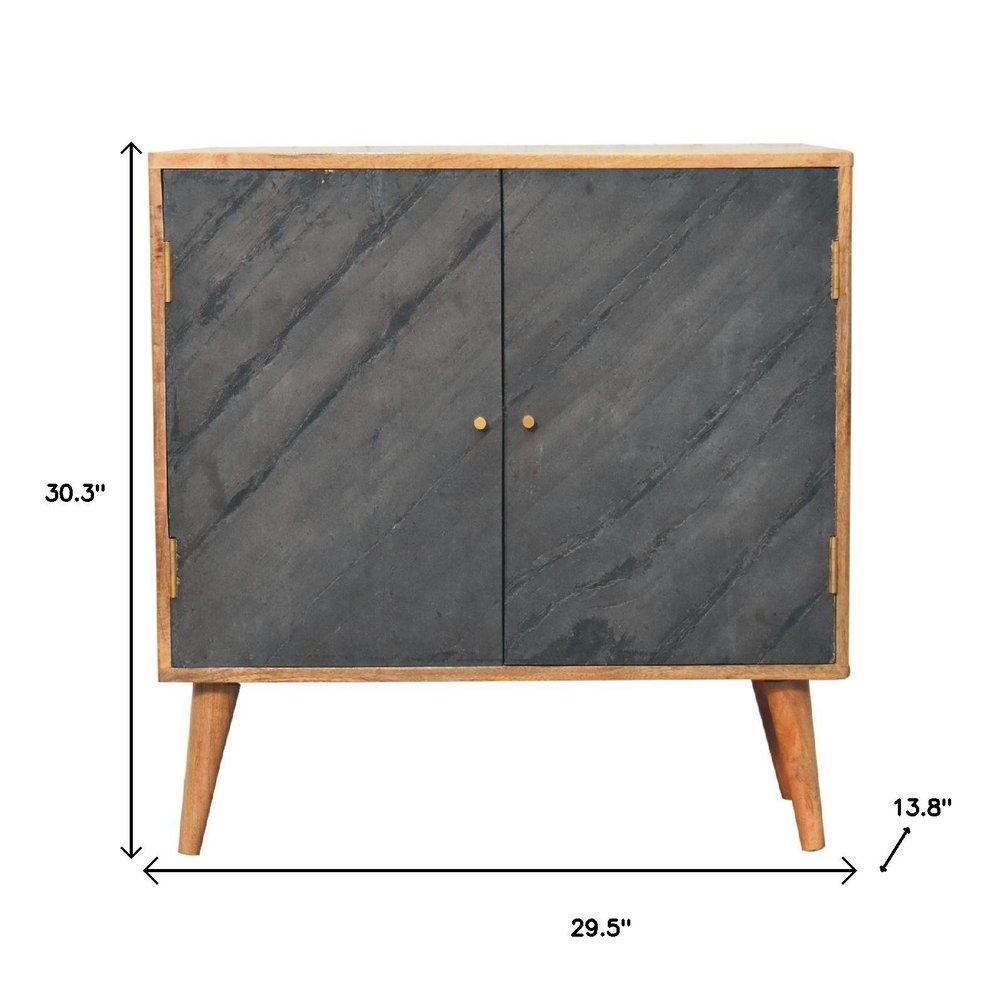 30" Brown and Gray Solid Wood And Inlaid Slate Accent Cabinet With Two Doors