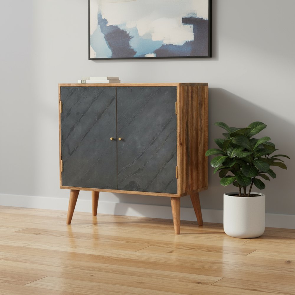 30" Brown and Gray Solid Wood And Inlaid Slate Accent Cabinet With Two Doors