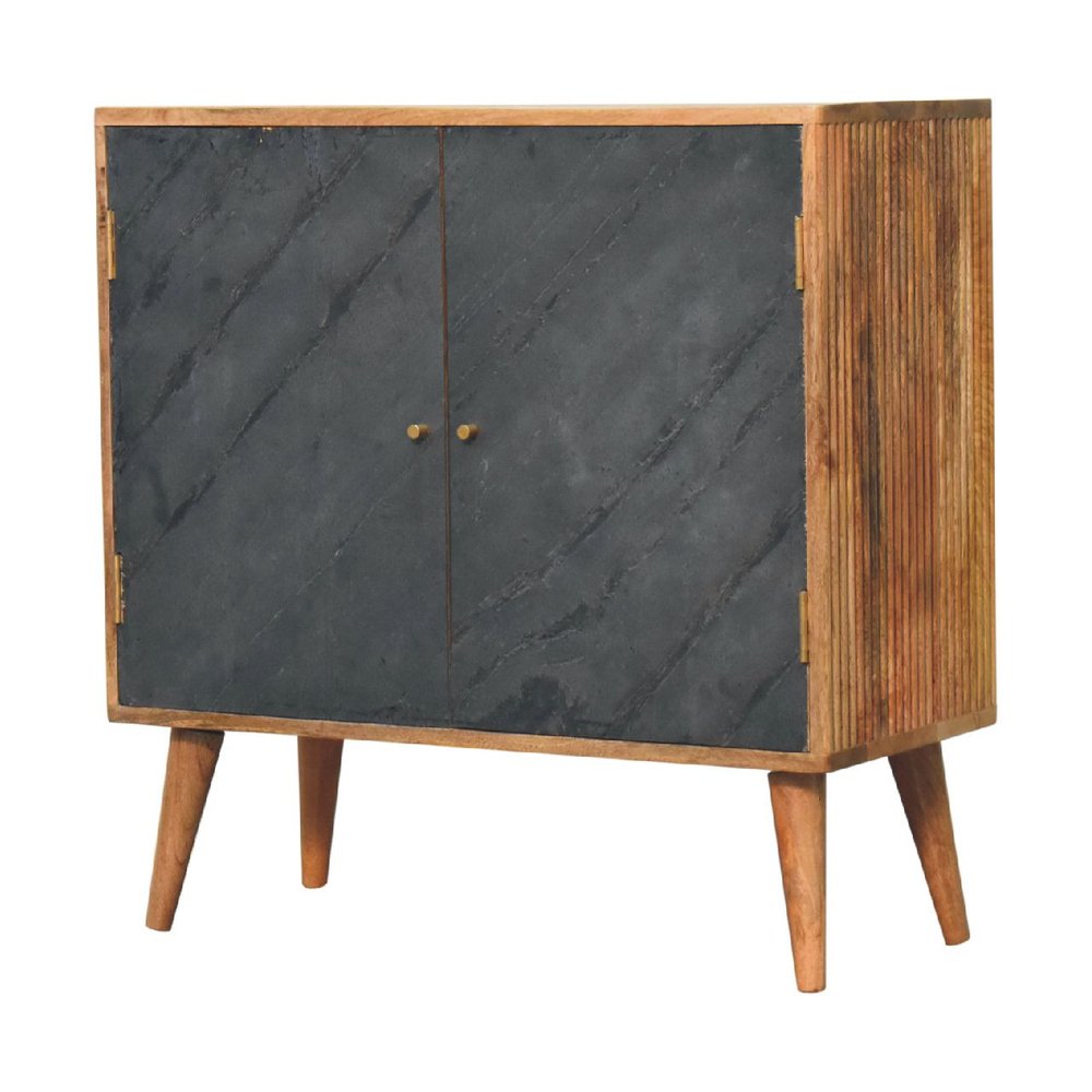 30" Brown and Gray Solid Wood And Inlaid Slate Accent Cabinet With Two Doors
