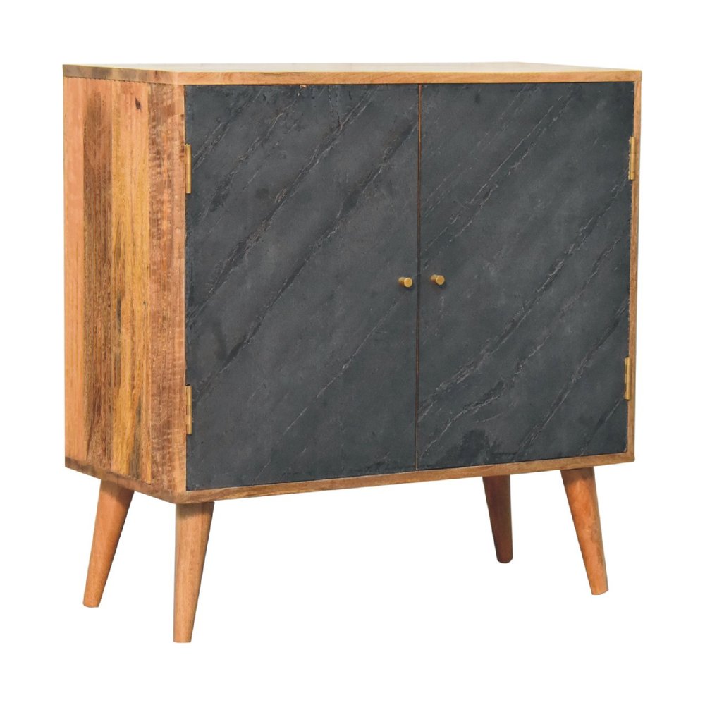 30" Brown and Gray Solid Wood And Inlaid Slate Accent Cabinet With Two Doors