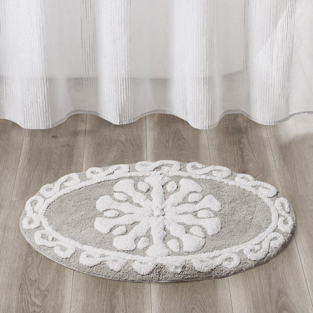 25" Taupe And White Cotton Round Medallion Bath Rug