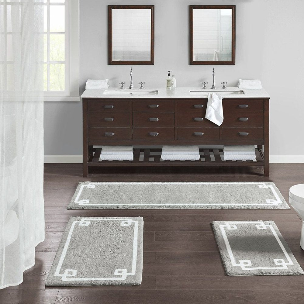 20" Gray And White Cotton Border Bath Rug