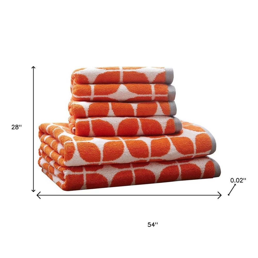 Set of Six Orange And White Cotton Geometric Jacquard Towel Set