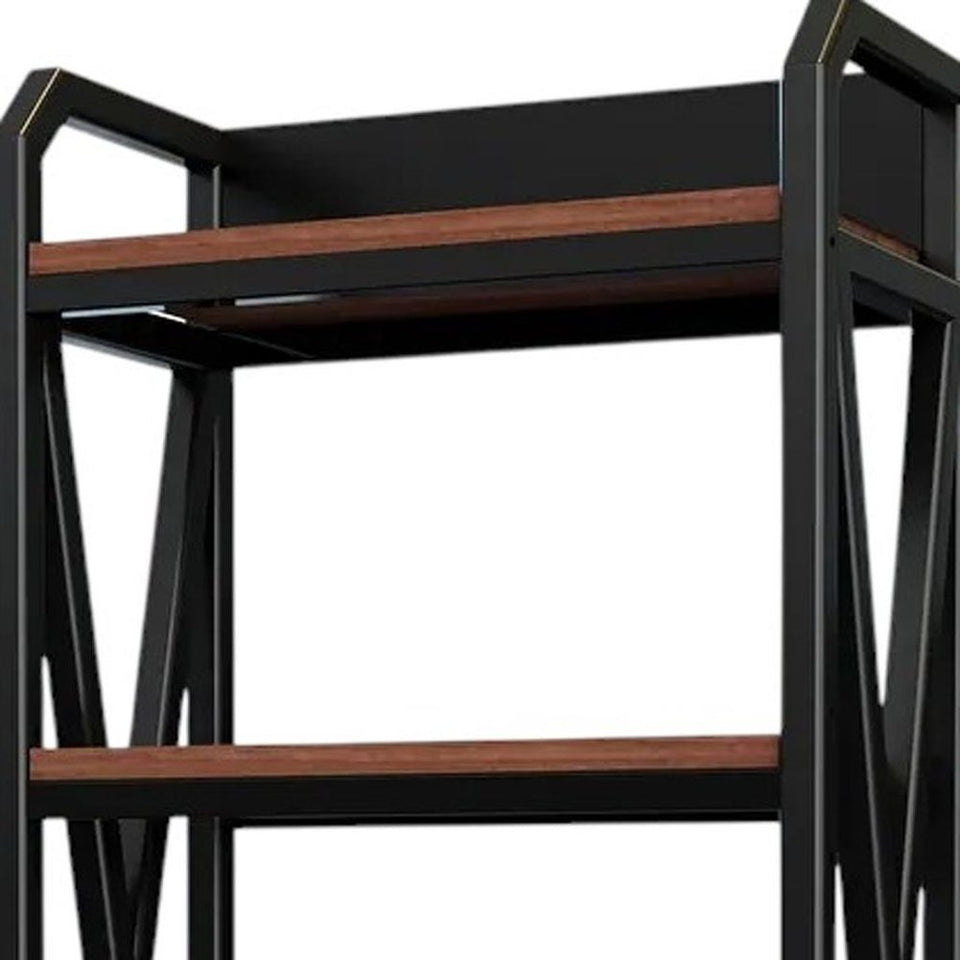 56" Black And Brown Metal and Wood Four Tier Etagere Bookcase
