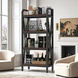 56" Black And Brown Metal and Wood Four Tier Etagere Bookcase