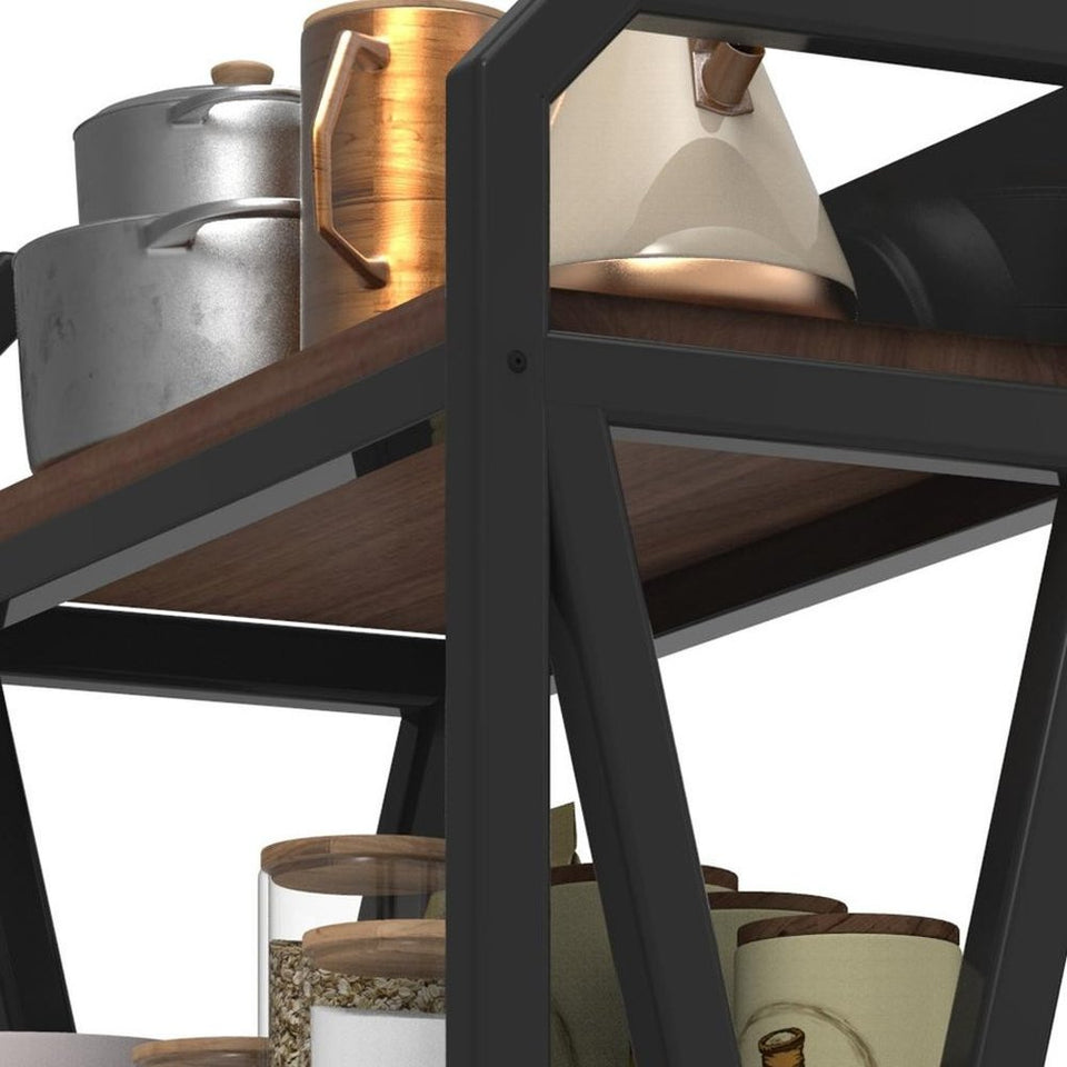 56" Black And Brown Metal and Wood Four Tier Etagere Bookcase