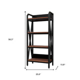 56" Black And Brown Metal and Wood Four Tier Etagere Bookcase