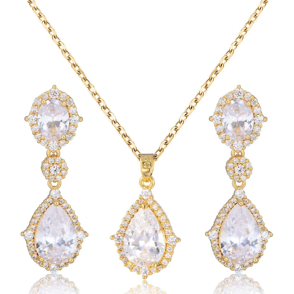 "Elegant zircon jewelry set with necklace and water drop earrings—perfect for brides and special occasions."
