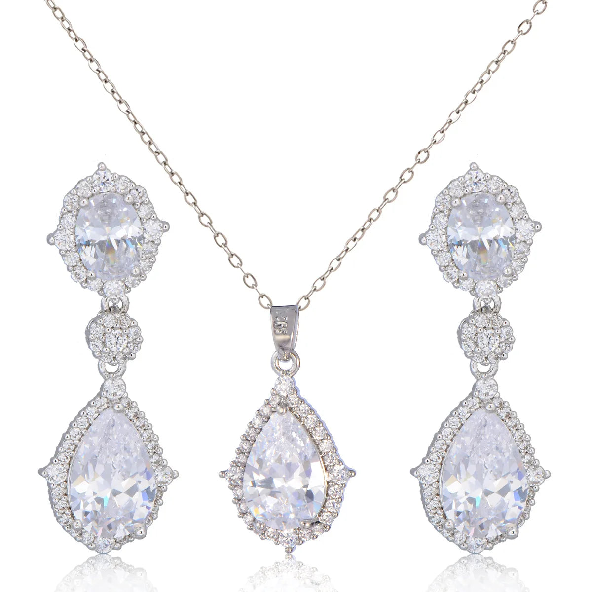 "Elegant zircon jewelry set with necklace and water drop earrings—perfect for brides and special occasions."