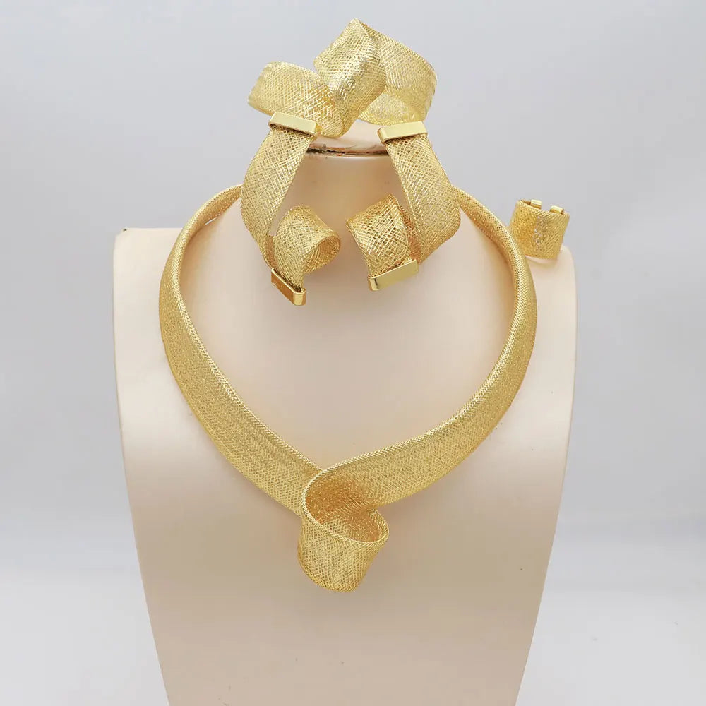 Women's Jewelry Sets Gold Plated Sprial Necklaces Simple Earrings Italian Fashion Rings Bracelets