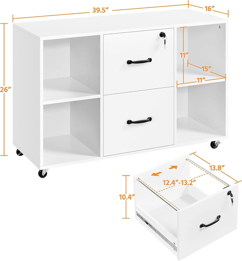 White File Cabinet Mobile Letter Size File Cabinet with 2 Drawers and 4 Open Storage Shelves Large Mobile Lateral Filing Cabinet Printer Stand for Home and Office-2