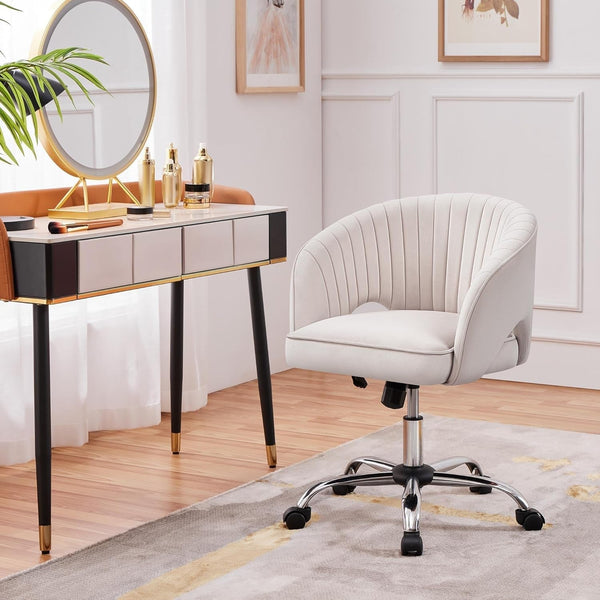 Cute Desk Chair Velvet Chair Vanity Chair with Wheels Home Office Chair Upholstered Modern Swivel Chair with Tufted Barrel Back for Study, Vanity, Bedroom Cream-1