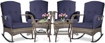 6-Piece Patio Furniture Set,Outdoor Rocking Chairs Set of 2, Patio Conversation Set with 4 Wicker Chairs with 2 Glass Coffee Tables and Cushions for Garden,Porch,Backyard, Bistro (Blue)-0