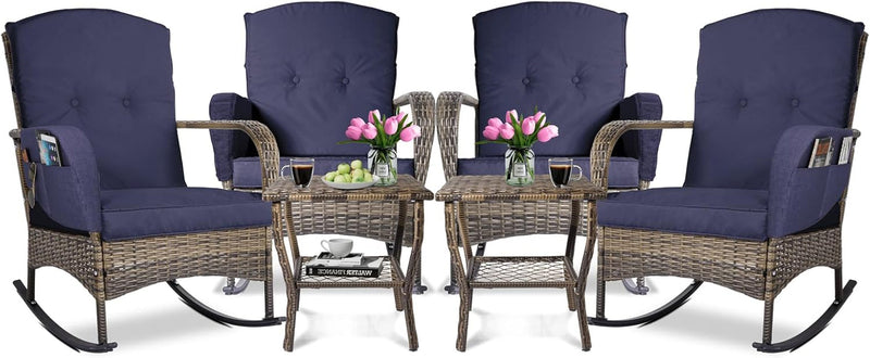 6-Piece Patio Furniture Set,Outdoor Rocking Chairs Set of 2, Patio Conversation Set with 4 Wicker Chairs with 2 Glass Coffee Tables and Cushions for Garden,Porch,Backyard, Bistro (Blue)-0