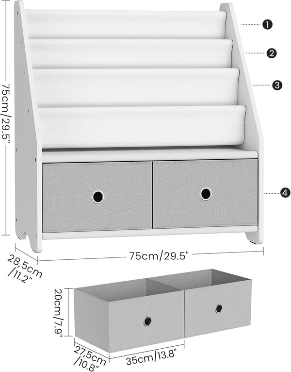 Kids Bookshelf and Toy Storage, 4 Tier Large Capacity Kids Book Rack, Sling Kids Bookcase, for Kids Room, Nursery, Playroom, White and Gray MCW06WT-1
