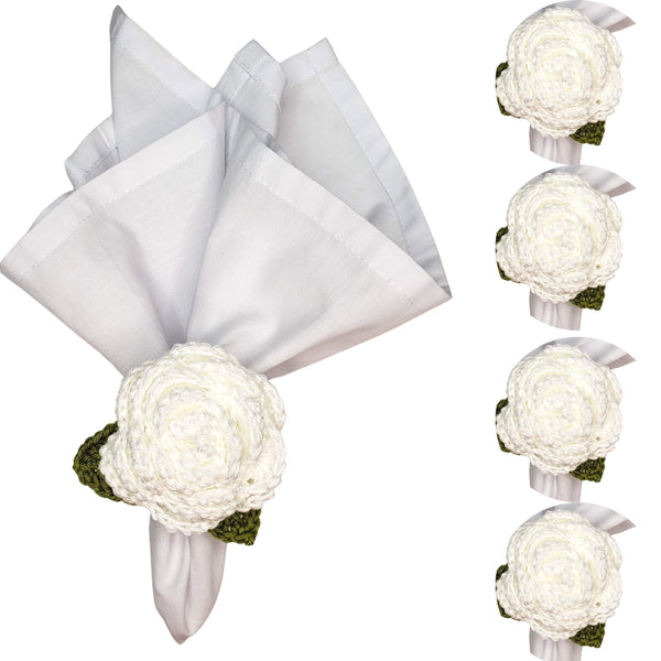 Charlo's Set of 4 White Crochet Rosebud Napkin Rings, High Quality Products, handmade, gifts-0