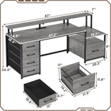 Home Office Desk with File Drawer & Power Outlet, 66'' Computer Desk with 5 Drawer, Storage Shelves, Printer Cabinet and Monitor Shelf, Gaming Desk with Led Lights, Grey-1