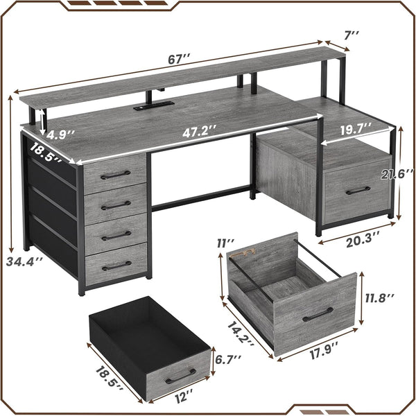 Home Office Desk with File Drawer & Power Outlet, 66'' Computer Desk with 5 Drawer, Storage Shelves, Printer Cabinet and Monitor Shelf, Gaming Desk with Led Lights, Grey-1