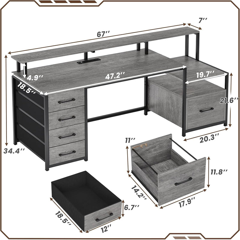 Home Office Desk with File Drawer & Power Outlet, 66'' Computer Desk with 5 Drawer, Storage Shelves, Printer Cabinet and Monitor Shelf, Gaming Desk with Led Lights, Grey-1