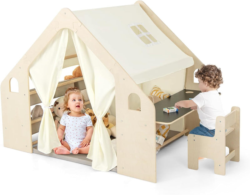 Large Kids Tent, 6-In-1 Wooden Frame Play House with Table and Chair Set, Blackboard, 6 Storage Bins & Soft Floor Mat, Indoor Playhouse for Boys Girls Aged 2-6 Years Old-0