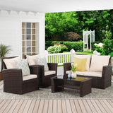 4 Piece Outdoor Patio Furniture Sets, Wicker Conversation Set for Porch Deck, Brown Rattan Sofa Chair with Cushion-1
