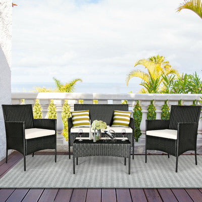 4 Pieces Patio Rattan Cushioned Sofa Set with Tempered Glass Coffee Table-0