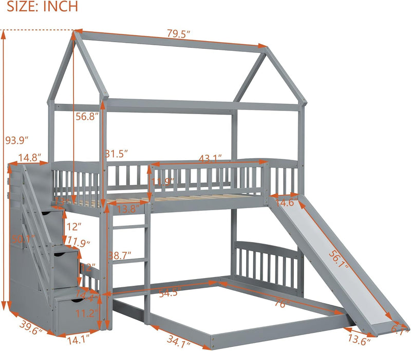 Gray Twin Loft Bunk Bed with Slide, Stairs-2