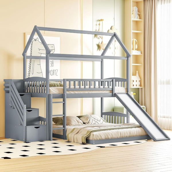Gray Twin Loft Bunk Bed with Slide, Stairs-1