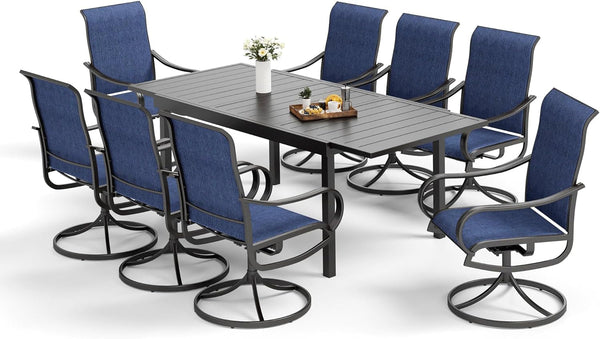 9-Piece Metal Outdoor Patio Dining Furniture Set 8 Sling Dining Swivel Chairs and 1 Expandable Outdoor Dining Rectangle Table, Blue-0
